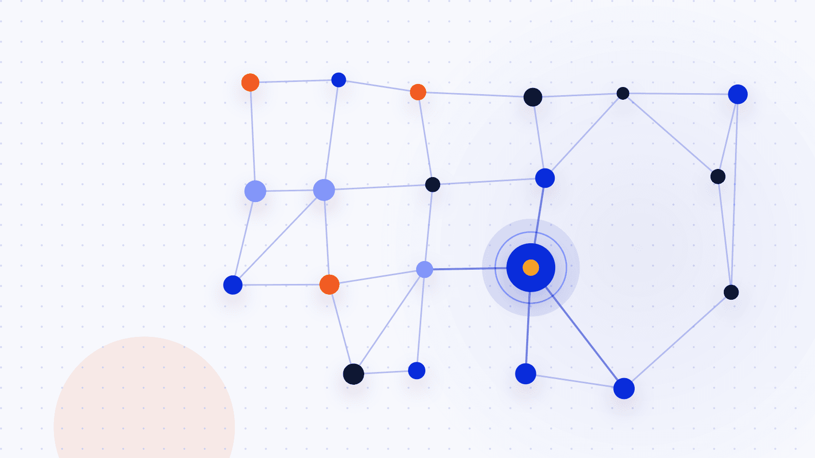 Network diagram of blue, navy and orange dots joined by thin lines on a pale dotted background, with a large blue node ringed by circles at the center, and a soft peach circle in the lower left corner