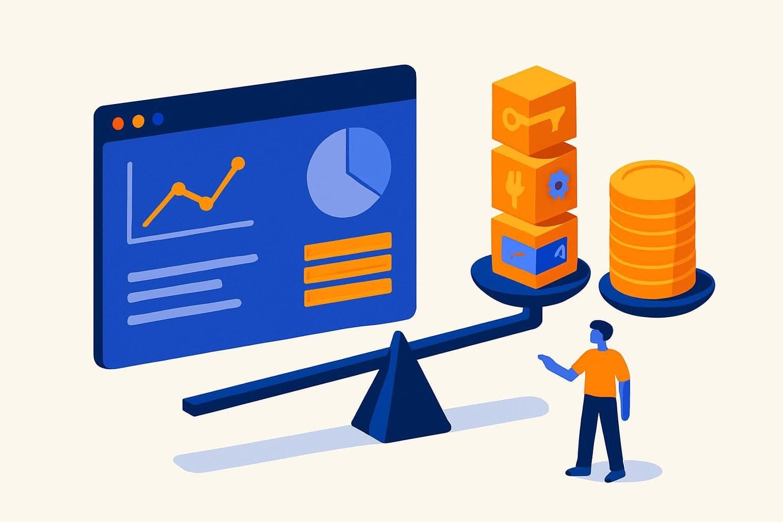 Illustration of a browser window with a line chart and pie chart beside a balance scale, where orange blocks marked with a key, a plug and a gear sit on one pan and a stack of gold coins on the other, as a person points at them